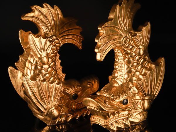 【流】九谷焼 金彩 金鯱 鯱一対 高55cm KJ116◎◎