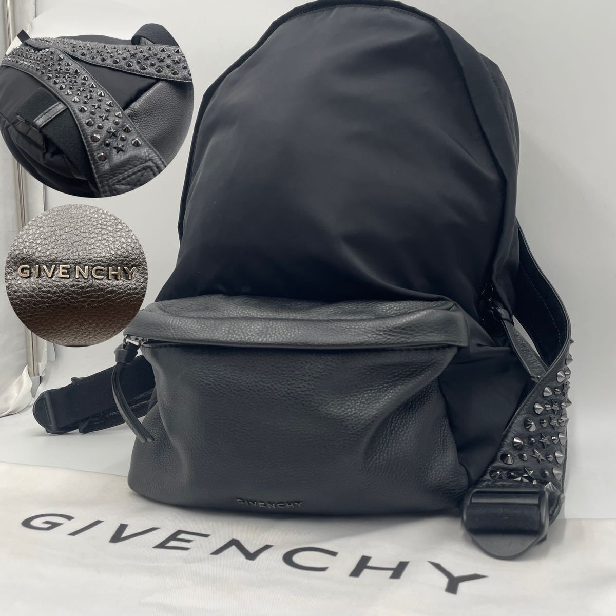 極美品 ジバンシー GIVENCHY ガンメタル スタッズ レザー ナイロン 