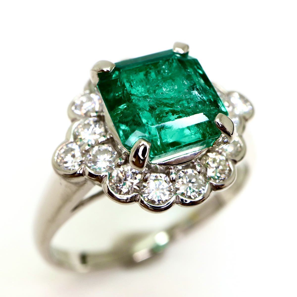 大粒!!天然エメラルドリング 2.57ct メレダイヤ 0.81ct Pt900 7.2g 