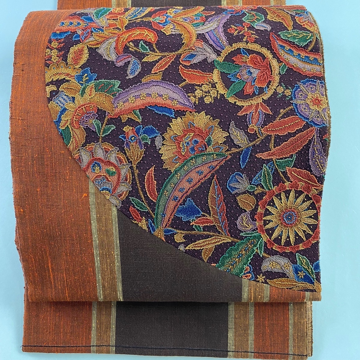 【全国無料，得価】 袋帯 秀品 紬地 草花 刺繍 焦茶色 お太鼓柄 正絹(仕立て上がり)｜売買されたオークション情報、yahooの商品情報をアーカイブ公開 - オークファン 仕立て上がり