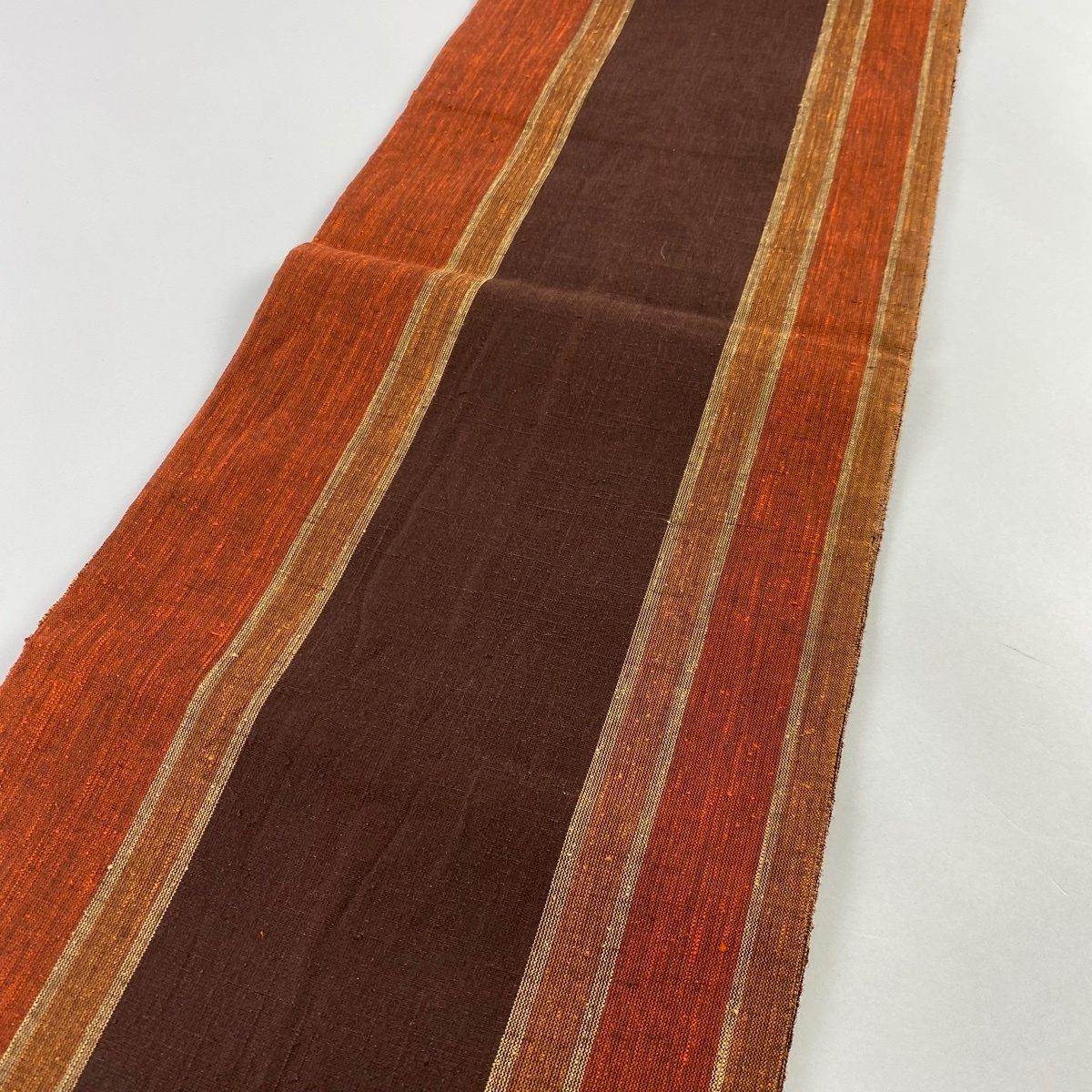 袋帯 お太鼓柄 秀品 紬地 草花 刺繍 正絹 中古 美品 山吹茶色 正絹｜中古・古着 焦茶色 薄茶色 茶色 名品 緑