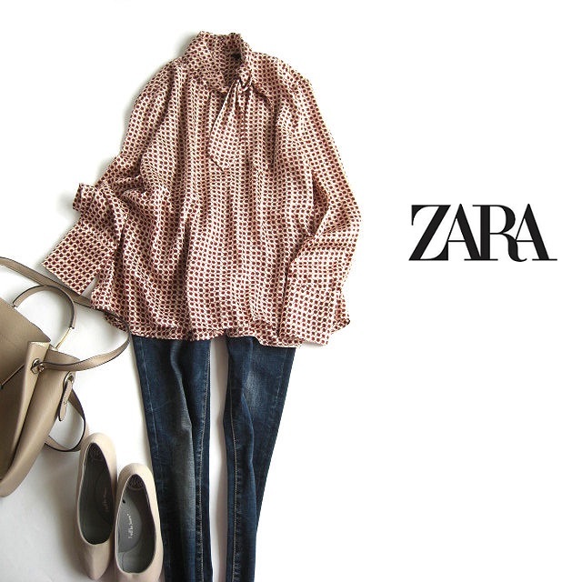 ザラ ZARA WOMAN ボウタイ付き幾何学柄プリント長袖ブラウス ベージュ 