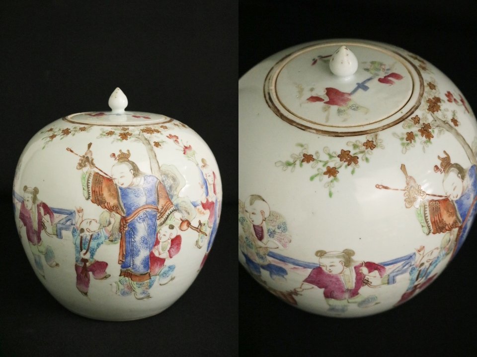 TB526中国古玩 粉彩 人物文 蓋付壺 高さ23.5cm 直径24cm◇唐物/陶磁器