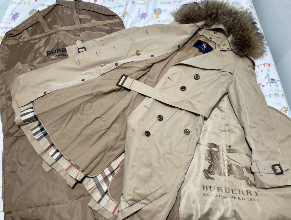 28万極美品★タヌキファー高年式光沢ハニーベージュ38 M L BURBERRYバーバリーロンドン レディースライナーベルト付トレンチコート　カバー