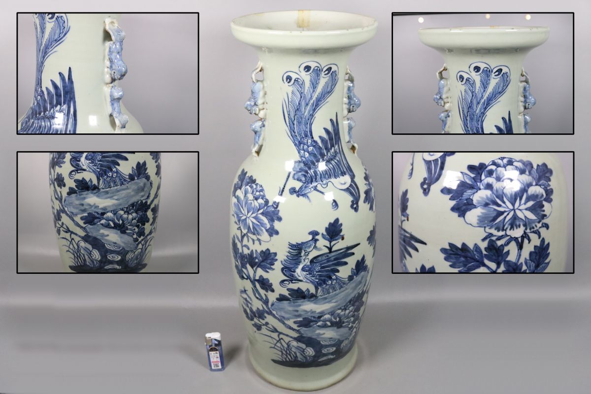 お得，大得価 中国古玩 青花 双耳 染付 花鳳紋花瓶