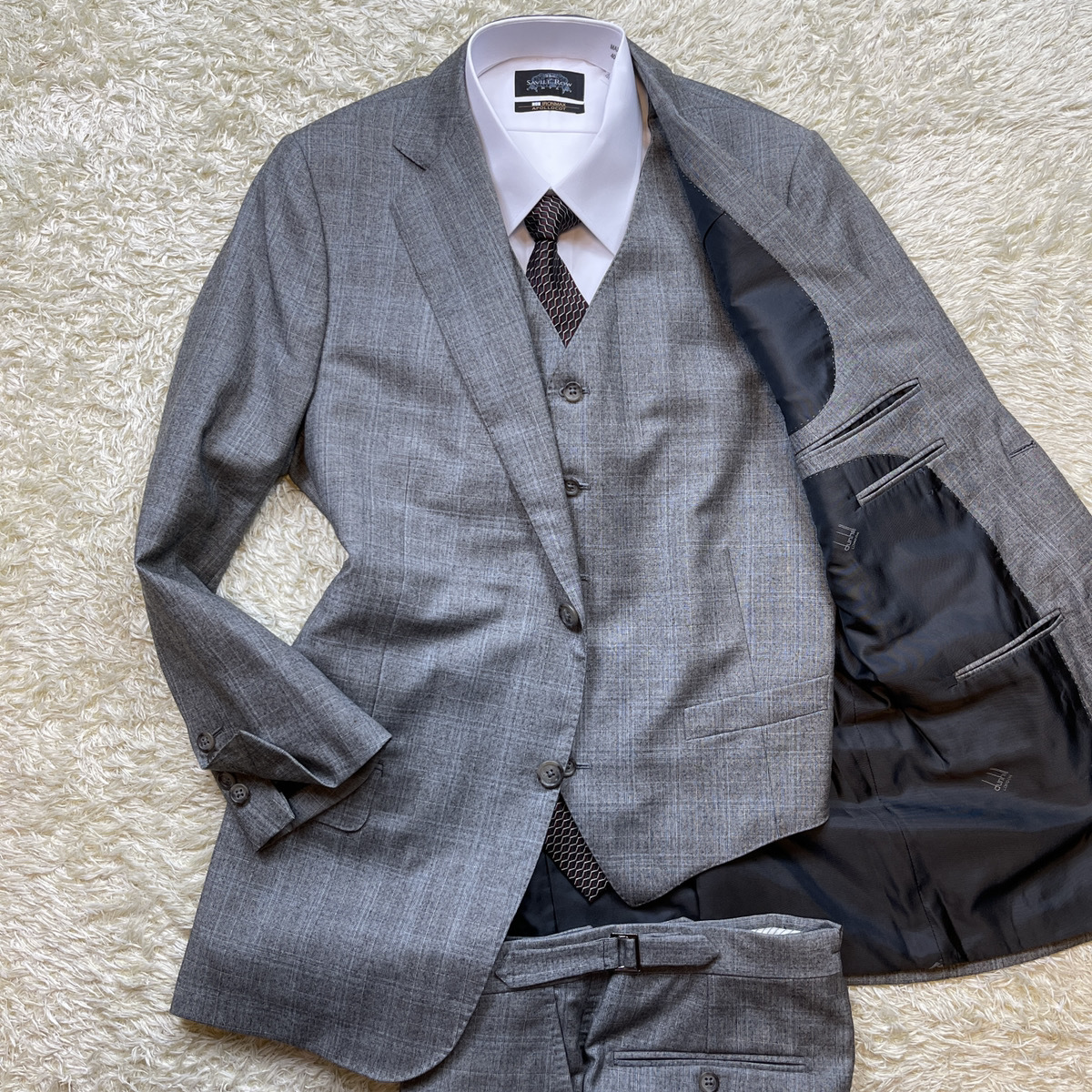 2026，SALE 極 ダンヒル dunhill 圧巻のスリーピース スーツ セットアップ ロゴ裏地 チェック L位 BELGRAVIA FIT グレー ベスト ジレ 3ピース(Lサイズ)｜売買されたオークション情報、yahooの商品情報をアーカイ Lサイズ
