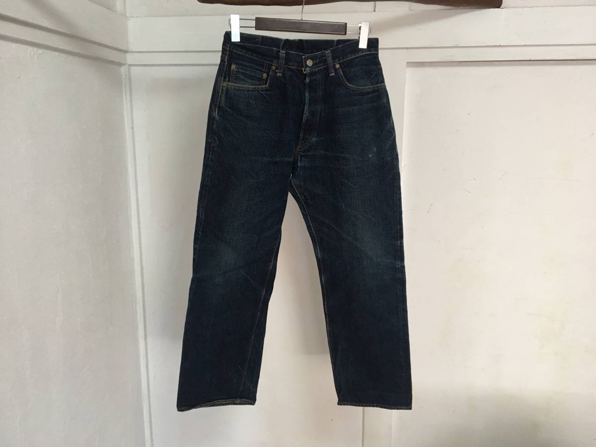 ドゥニーム Denime デニム SHINS 革パッチ W33 LOT166 濃紺 黄耳 送料 