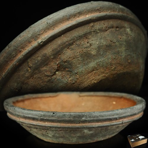 治】時代盆栽道具 南蛮土手捻盆栽鉢☆箱付 幅23cm 時代品 盆栽鉢