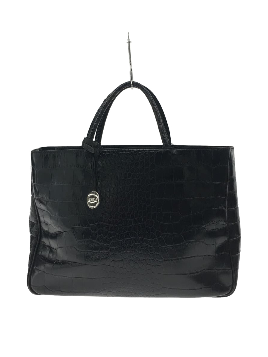 FURLA◇スクエアトートバッグ/レザー/クロコ型押し/BLK/ブラック/無地 