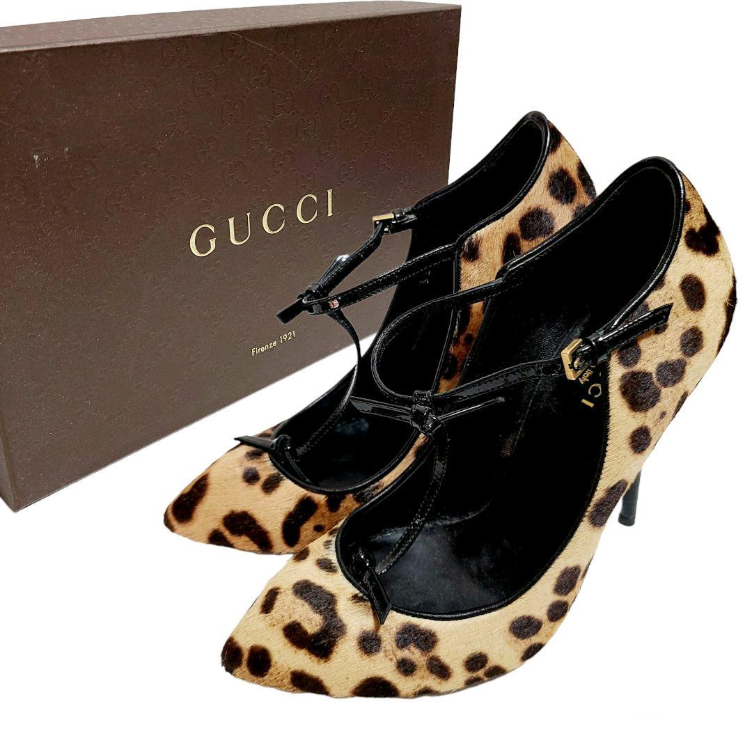 GUCCI】箱付き美品ハラコレオパード柄ヒョウ柄Tストラップパンプス 