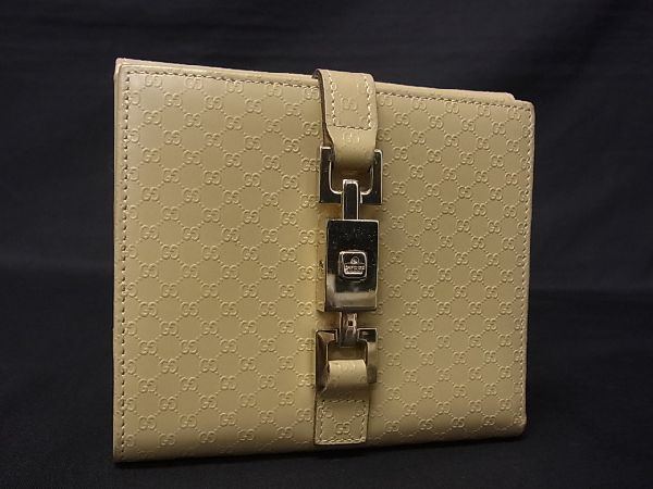 1円 ■美品■ GUCCI グッチ マイクロGG ジャッキー レザー 二つ折り 財布 ウォレット レディース ベージュ系 AD4081yM