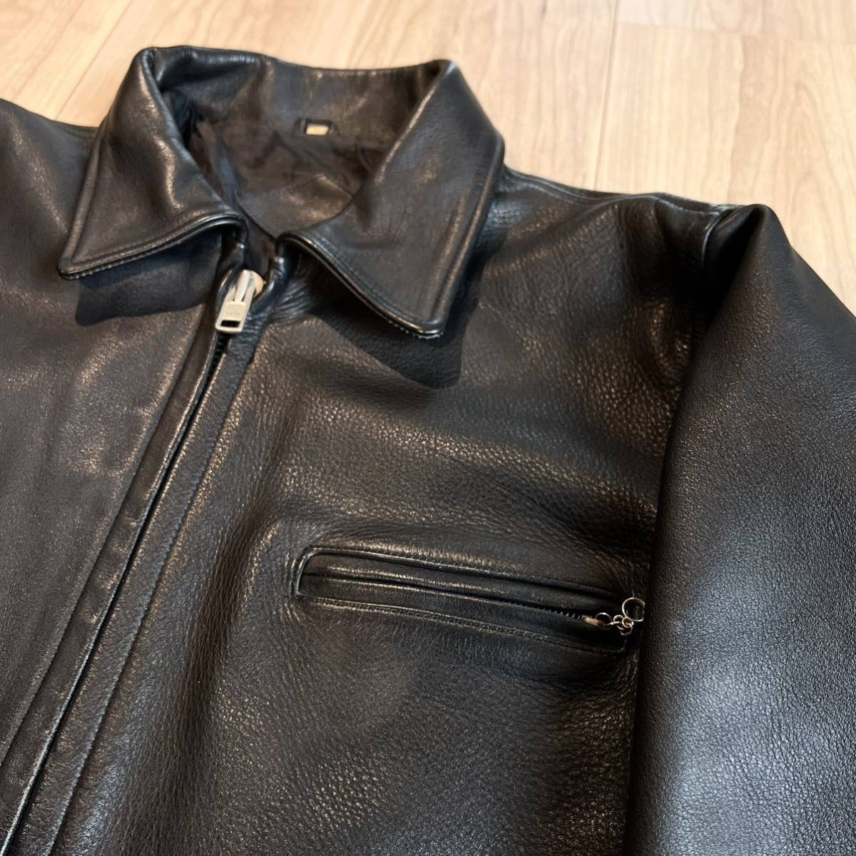 【本革】古着 シングルライダースジャケット 黒 ブラック メンズ バイカー 丈夫 リアルレザー サイズL R-3307 ブラック 古着 メンズ levi's レザーライダースジャケット 八の字