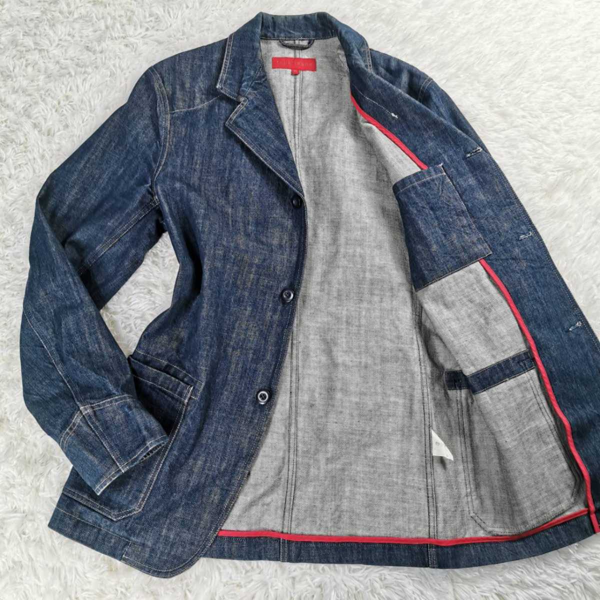 定番，安い フレンチコネクション 最高峰 英国製 fcuk JEANS テーラードジャケット XLサイズ デニム インディゴブルー 3B パイピングレッド(XLサイズ以上)｜売買されたオークション情報、yahooの商品情報を XLサイズ以上
