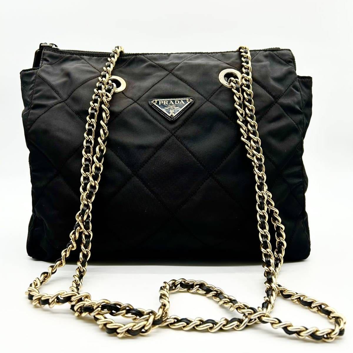 1円【美品】PRADA プラダ 三角ロゴ キルティング チェーン 