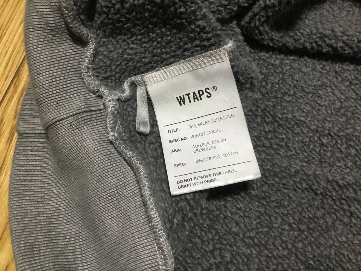 WTAPS 2019 AW COLLEGE DESIGN CREW NECK SWEAT SHIRT COTTON GRAY 