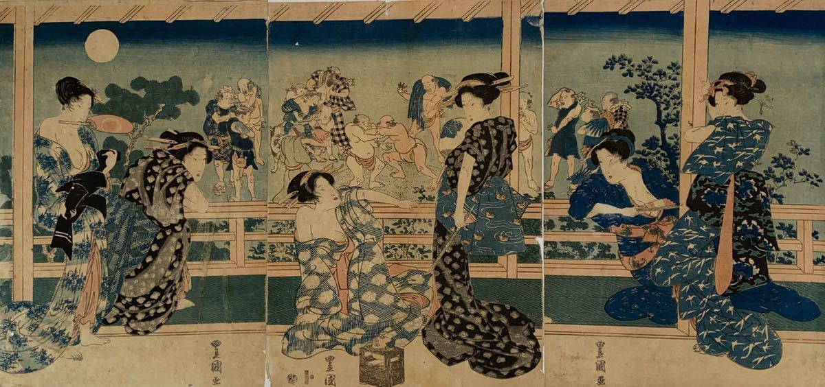 歌川豊国】浮世絵 木版画 三枚続 錦絵 版画 美人画 ukiyoe 骨董 本物