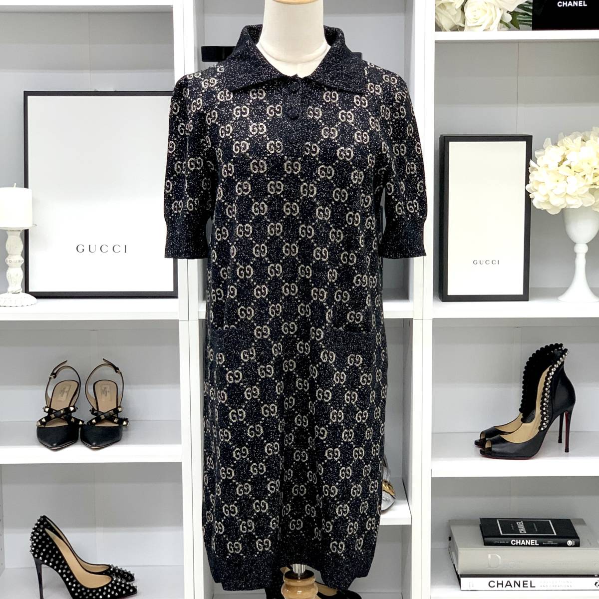 5184 グッチ GGジャカード ラメ 半袖 襟付き ワンピース ブラック