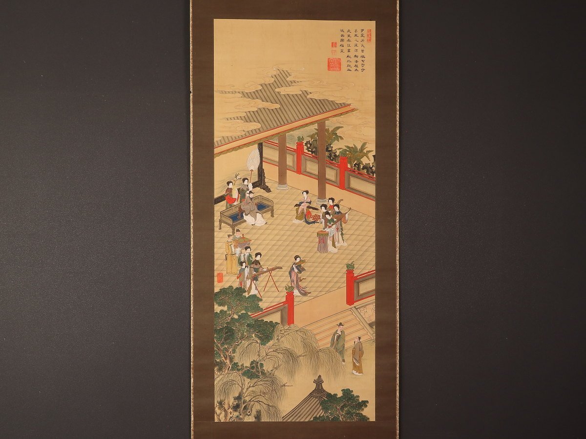 模写】【1円開始】【伝来】us7396〈柳沢淇園〉楼閣唐人物図 貫名海屋極