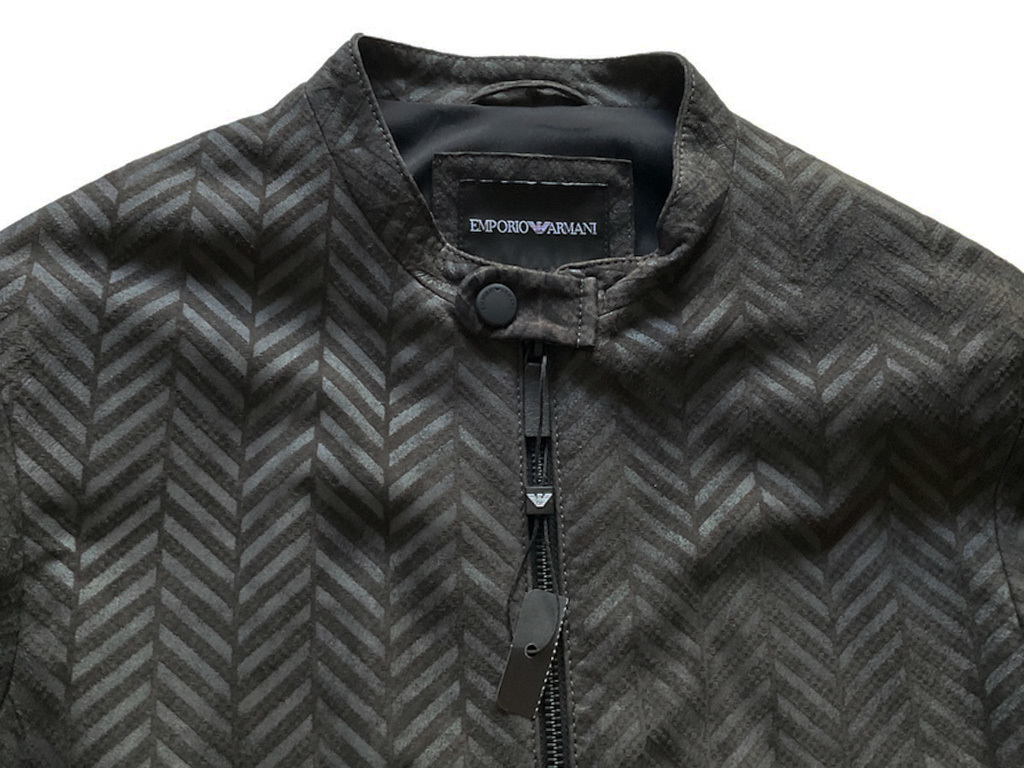 新品【EMPORIO ARMANI/アルマーニ】▼27万【ラムを超えるディア鹿革レザー】x【定番と対局な美デザイン】▼オールレザー革ブルゾン▼L