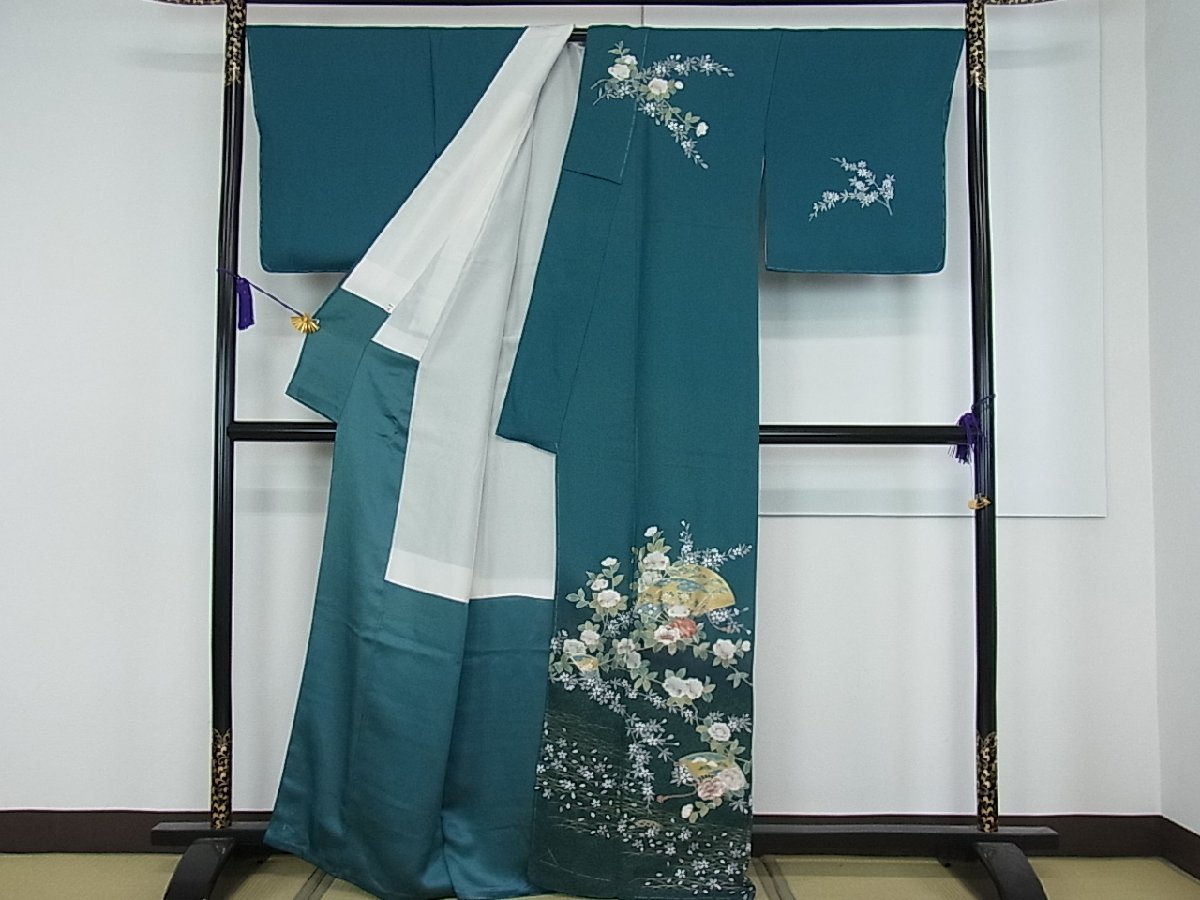 平和屋着物■訪問着　刺繍　扇面枝花文　暈し染め　金彩　逸品　未使用　rv3261