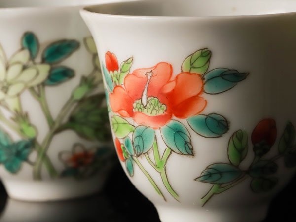 景徳鎮・ヴィンテージ蛍手透かし煎茶碗＆ティーポット 5点セット｜青