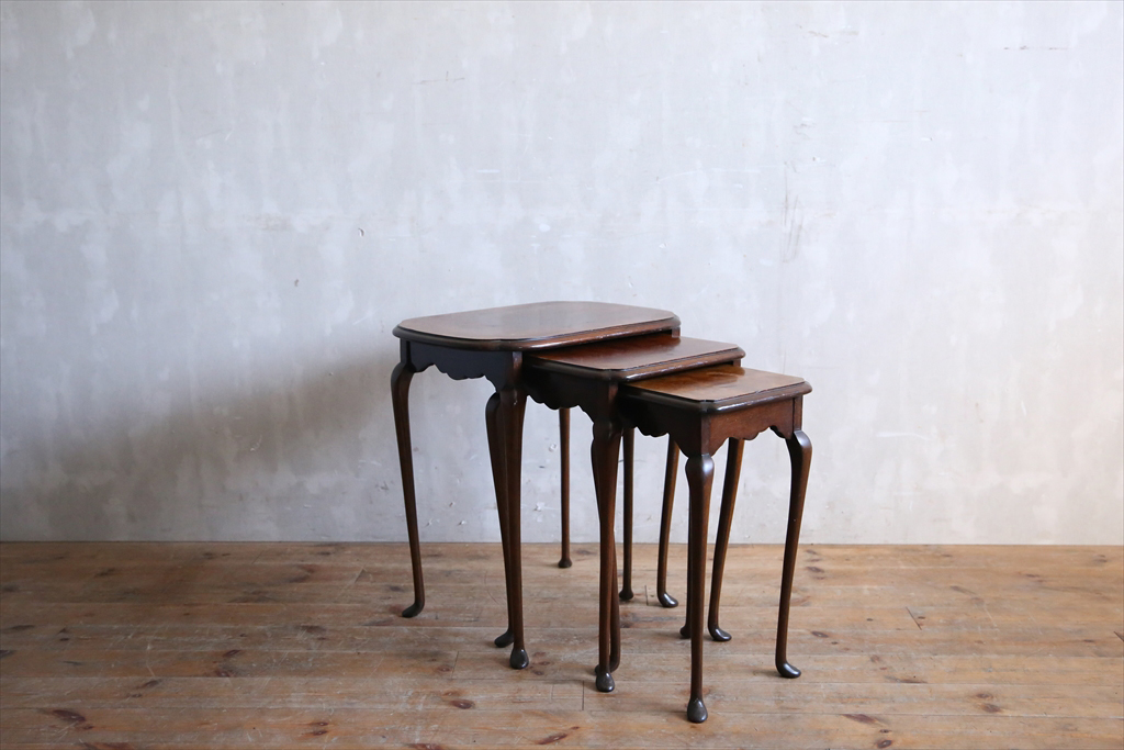 英国アンティーク◇木製ネストテーブル3台c/収納式机/古木サイド