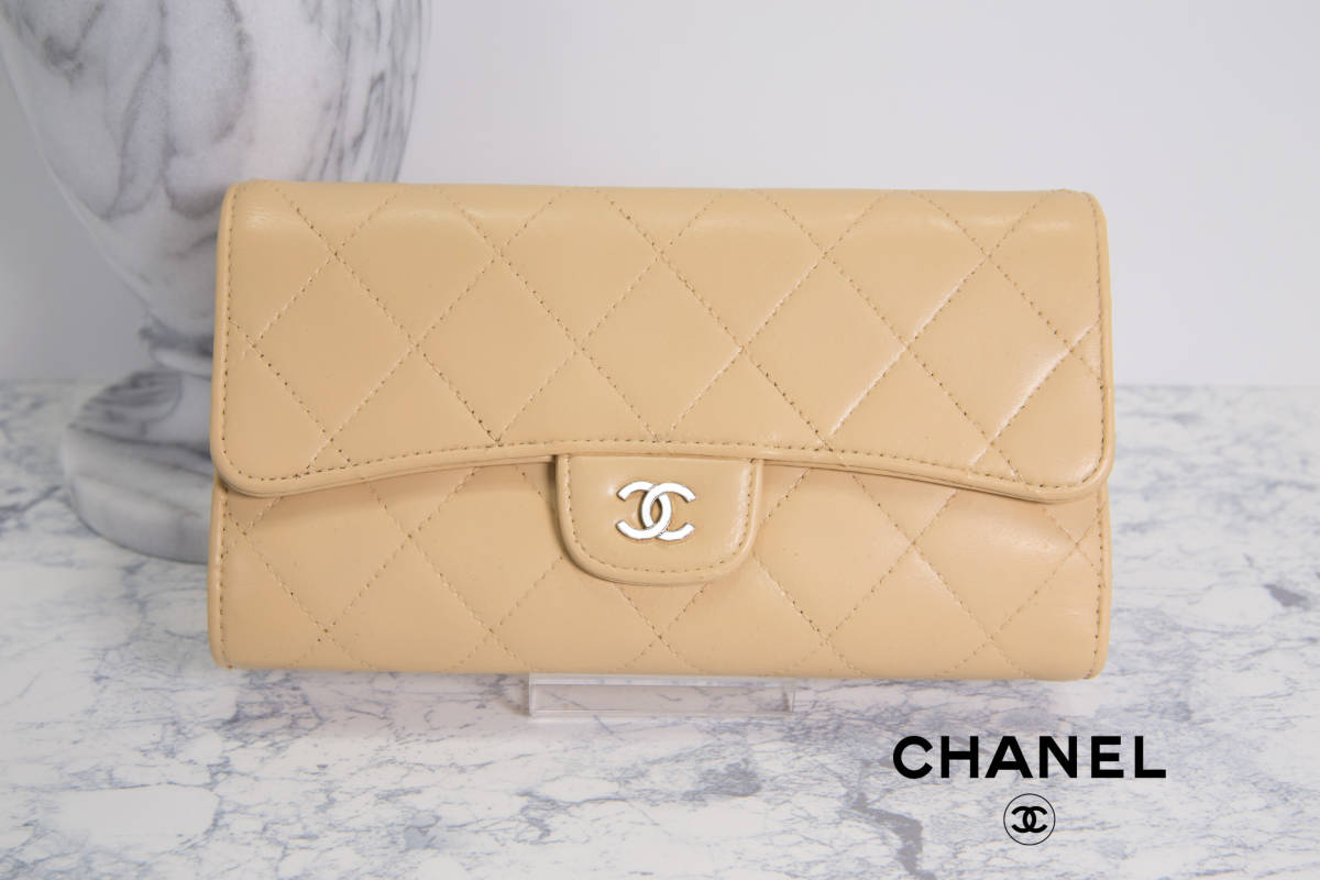 CHANEL シャネル マトラッセ ラムスキン 三つ折り 長財布 ベージュ CHANEL シャネル 三つ折り 長財布 マトラッセ ラムスキン レディース