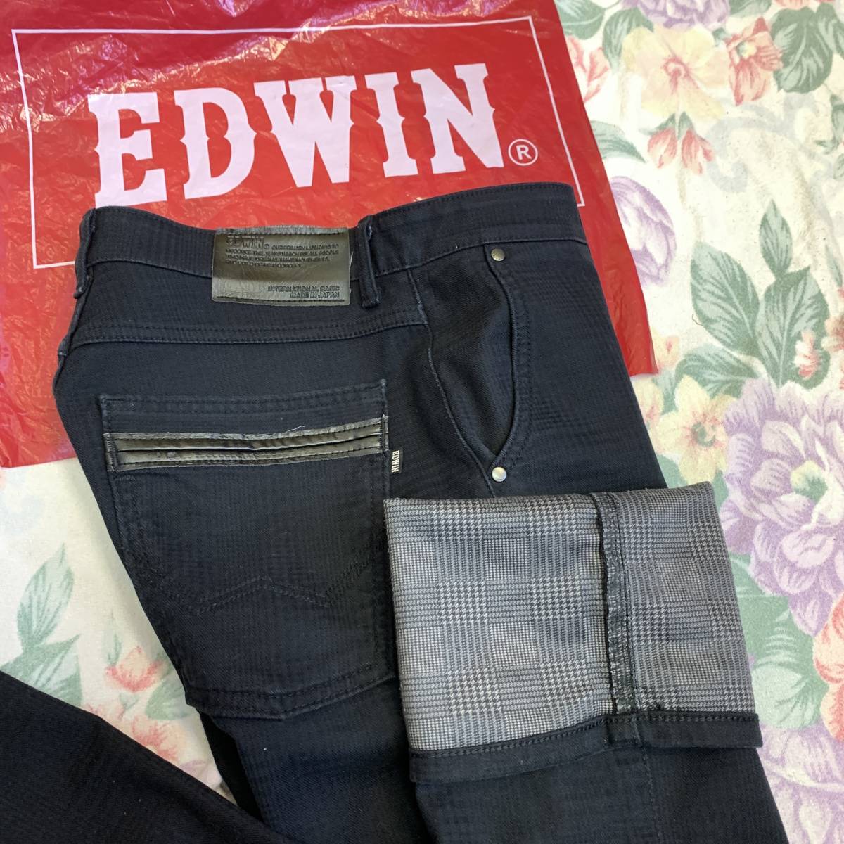 ★美品/サイズ29/78～80ｃｍ★日本製/EDWIN403 WILD FIRE★冬モデル/織柄チェック/ウエスト伸縮/快適ストレッチ/6Ｐ/テーパードパンツ★黒