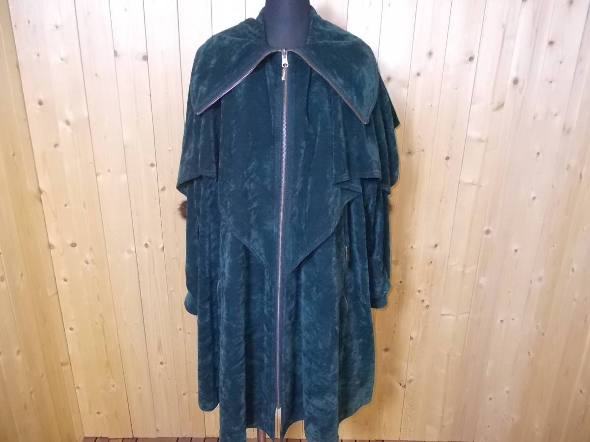 a1063◆伊太利屋コート◆サイズ11 イタリヤコート ダークグリーン色 マント ケープ ボレロ風 裏地総柄 レディース マダム 4K