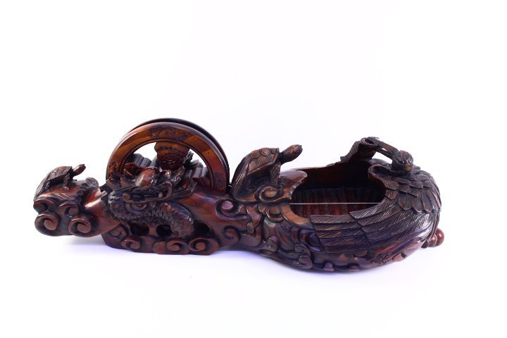 ●木製 大型墨壺 鶴亀龍 彫刻 木彫り 墨つぼ 大工道具 アンティーク 全長約58cm【10792915】