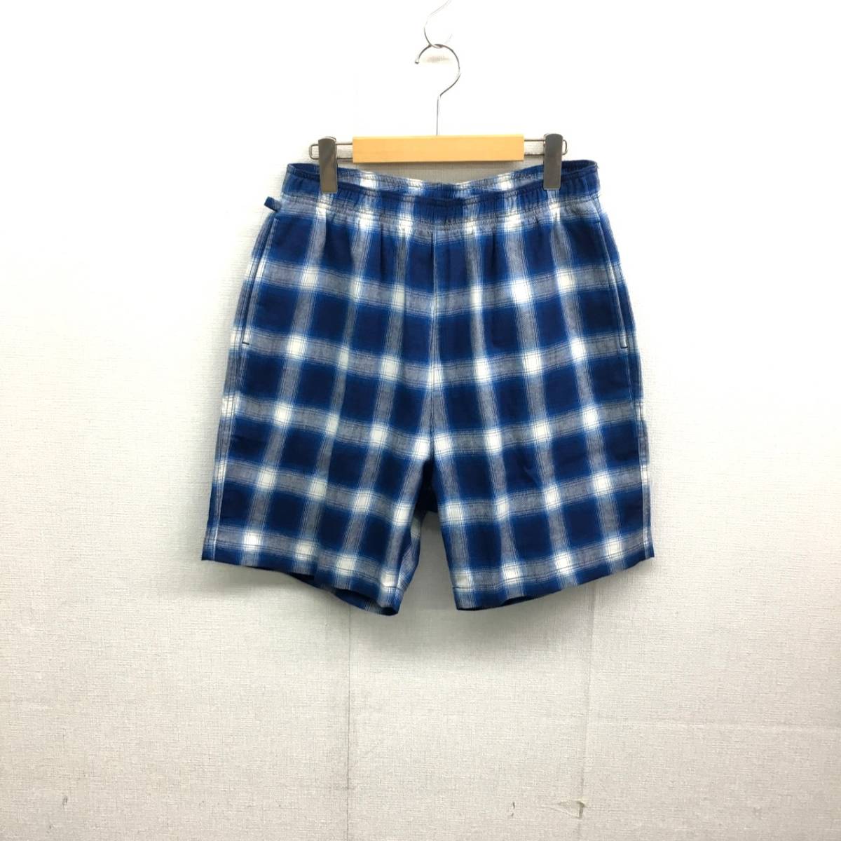 KZ5237☆THREE FACE ：indigo plaid EASY SHORTS☆L☆ブルー/白