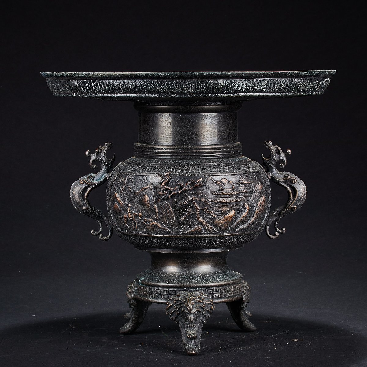 薄端 花器 鋳銅 BK559 時代銅器 古銅 蝋型鋳銅 龍形脚 薄端 花器 BK559