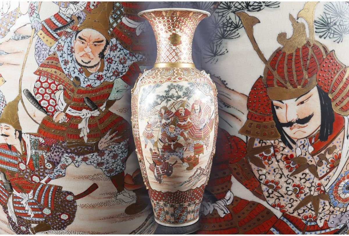 URA]薩摩色錦金襴手窓絵武将龍耳大花瓶/112cm/9-11-