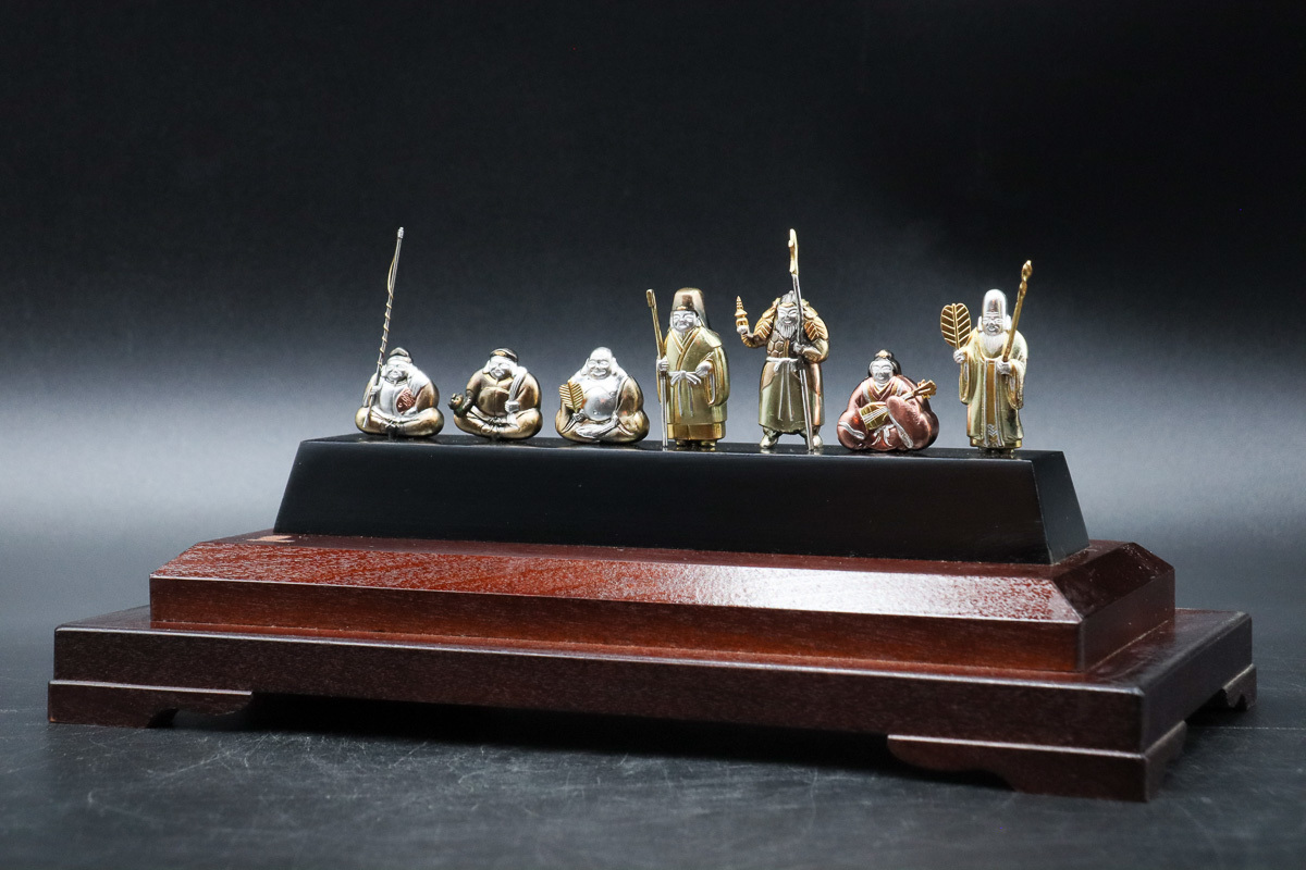 宙】古美術品 関武比古 純銀製 七福神置物 22.9cm 279g 縁起物 宝船