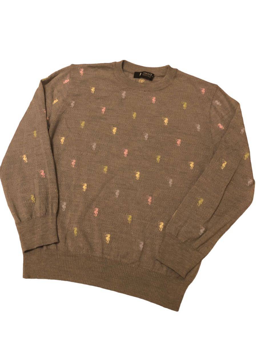 極美品試着のみレア物！FUKUZO フクゾー 横浜元町 ニット セーター 総柄 ウール ロゴ 刺繍 丸首 長袖 日本製 サイズM 希少 編み込み