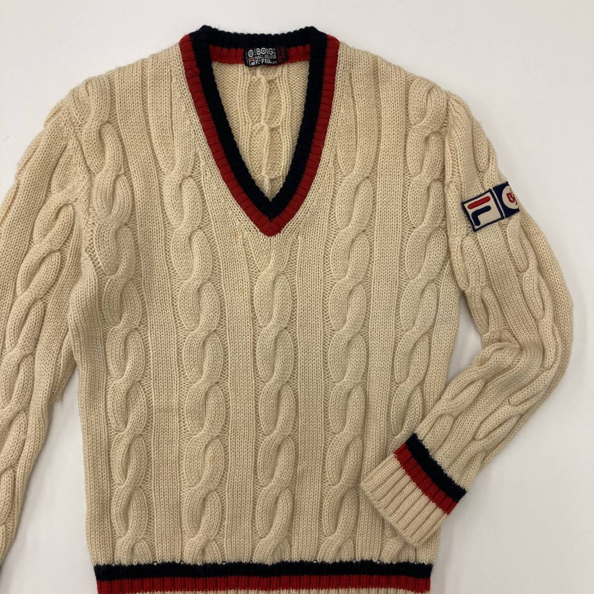 70s 80s FILA ビヨンボルグ ケーブル ニット セーター Vネック 50