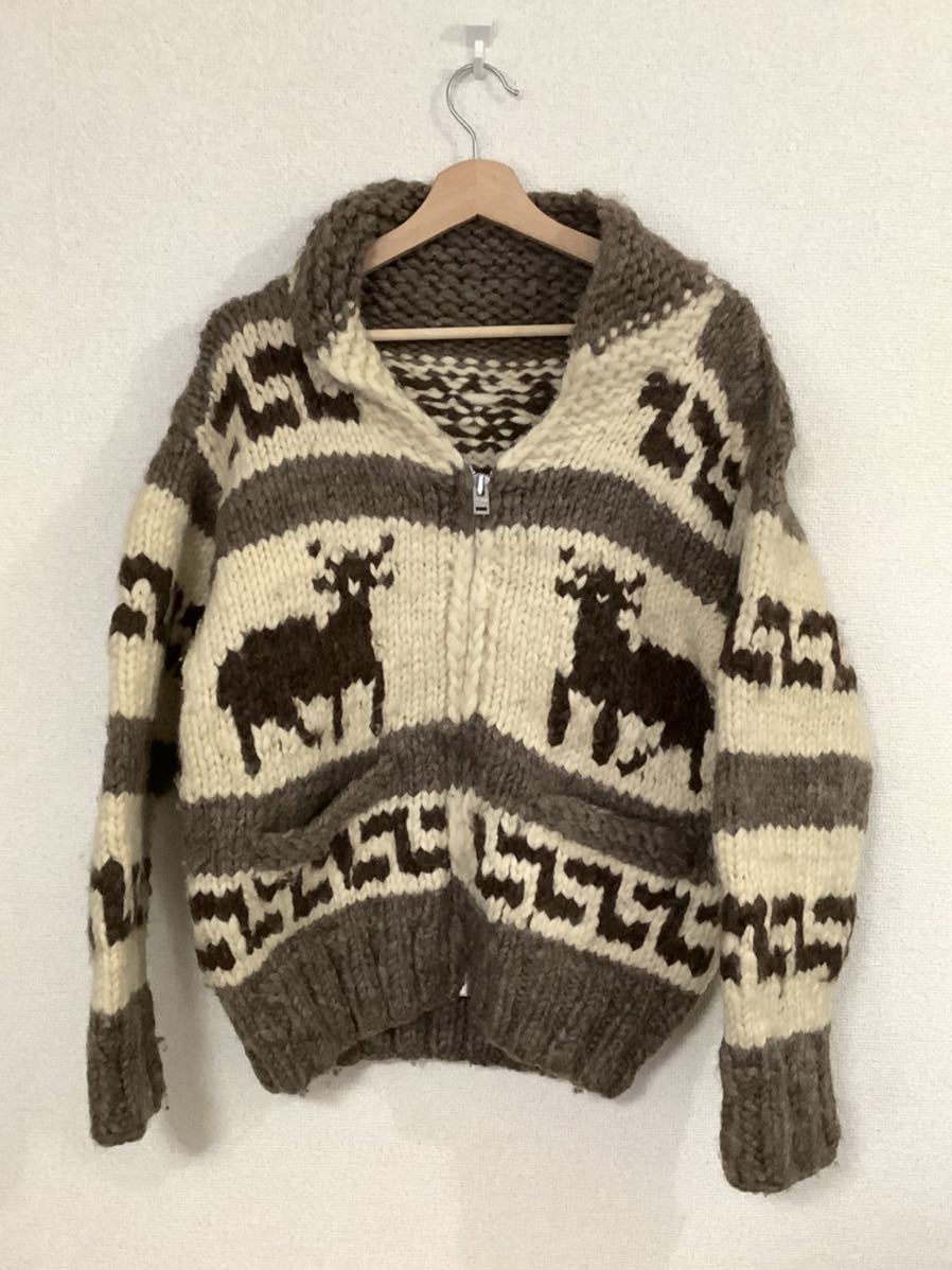 カナダ製 カウチンセーター ジップアップ カウチンニット 古着　トナカイ柄　ユニセックス　アウトドア