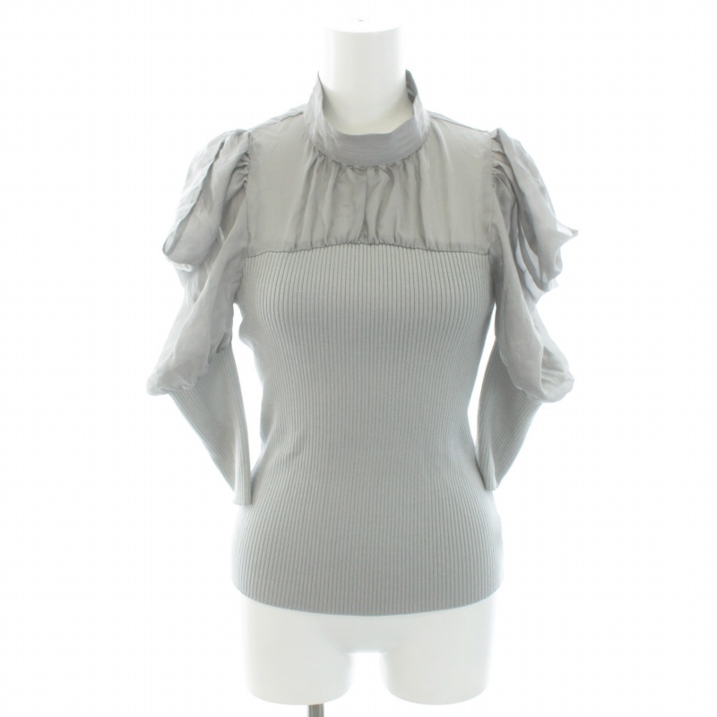 スナイデル snidel 21AW シアーパフスリーブニット ブラウス シャツ ニット 切替 スタンドカラー パフショルダー 五分袖 F グレー