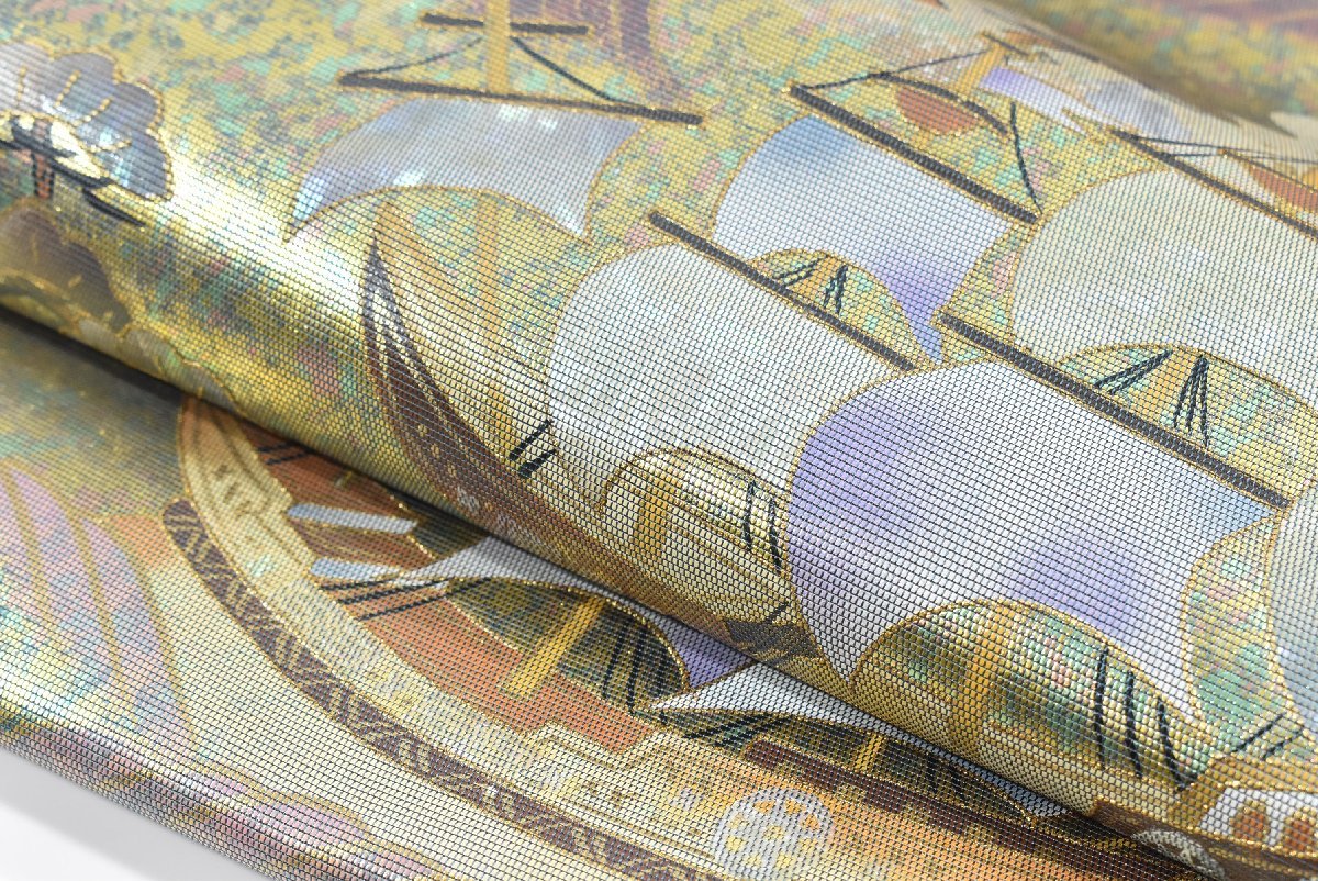 名古屋帯 波文様螺鈿本金袋帯 特選きもの・帯紹介 川島織物製(M80380Ke) 夏 日本製 京袋帯 麻 リネン ブルー 京袋名古屋帯 麻帯 夏名古屋帯 紺色 ネイビー 水色)