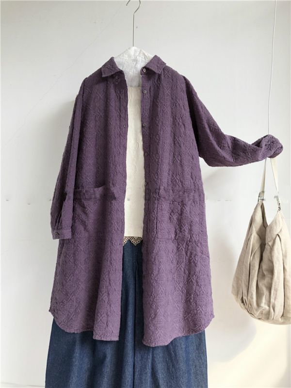 dワンピース羽織物128-1　織り込み柄　麻100％　ゆったりとした　カーディガン　ロングワイシャツ　チュニック　ナチュラル系(0)