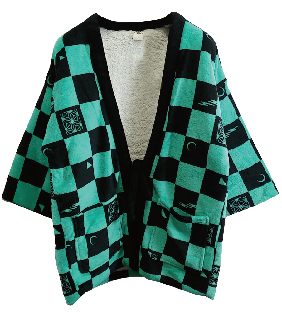 LL/半纏 フリース 和柄 はんてん どてら ちゃんちゃんこ ガウン 着る毛布 着るブランケット 裏ボア kz6300grn