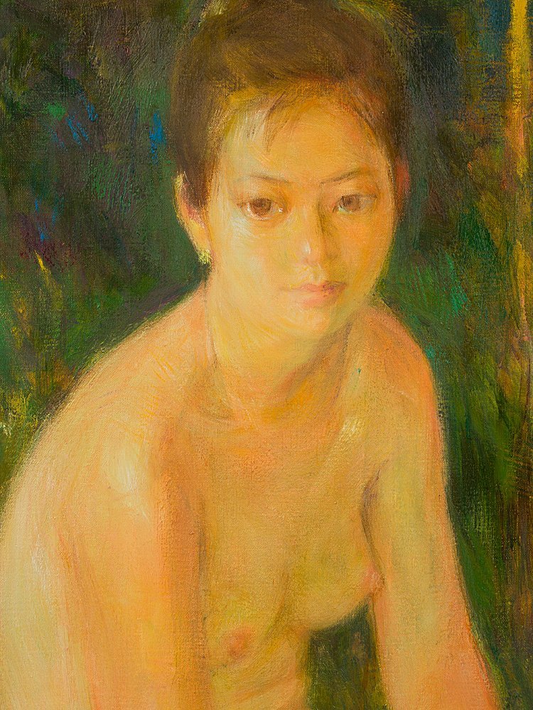 五】柳沢淑郎 『緑陰裸婦』 油彩 真作 15号 額装 日動画廊柳沢淑郎展