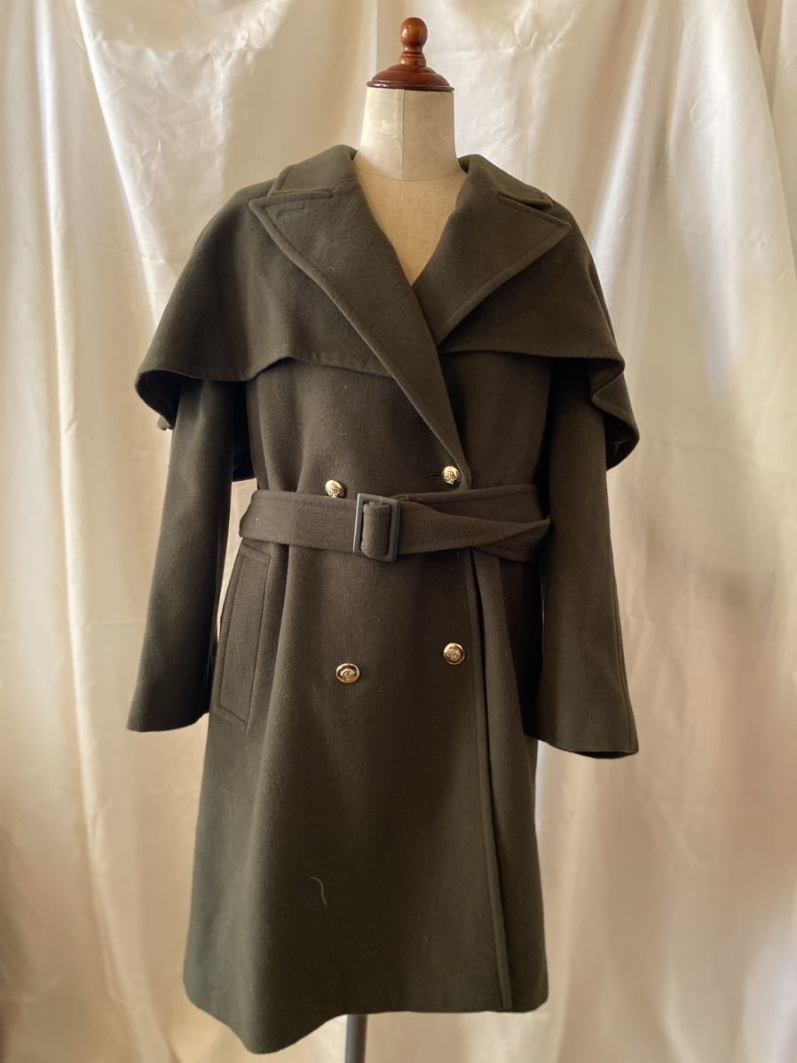 Vintage ヴィンテージ 古着 ケープ インバネスコート ダブルブレスト チェスターコート ロングコート オリーブ カーキ ウエストベルト