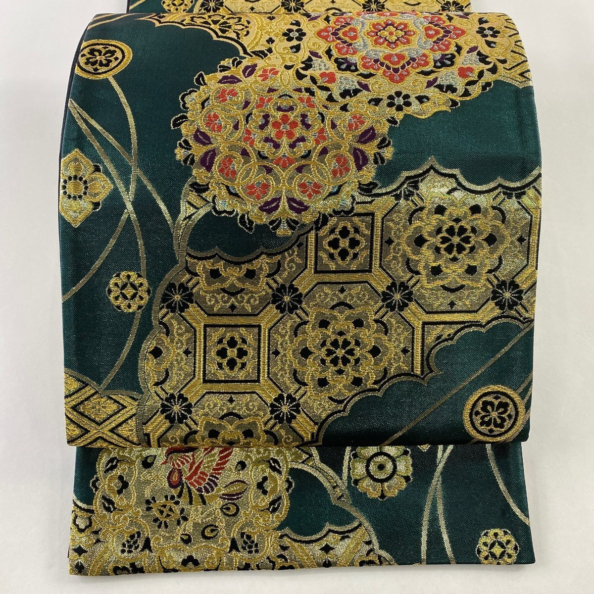 袋帯 美品 六通 秀品 箔 華文 正絹 金糸 中古 鳥 金銀糸 緑