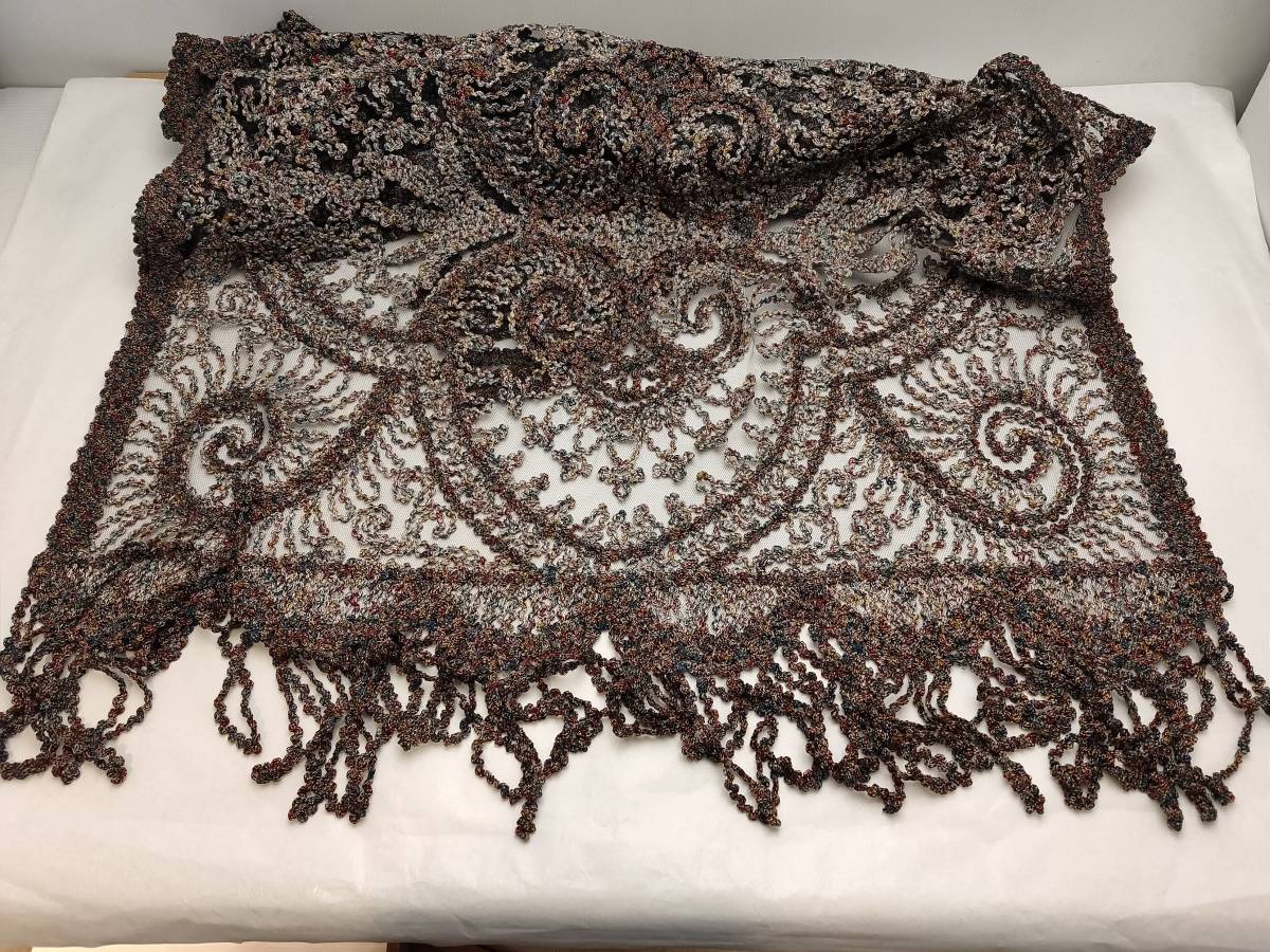 本場奄美大島 泥染絣 ショール 夢月 MUGETSU 175×60cm チュールレース フリンジ 特選 近代手刺繍 シルク100% 桐箱付き