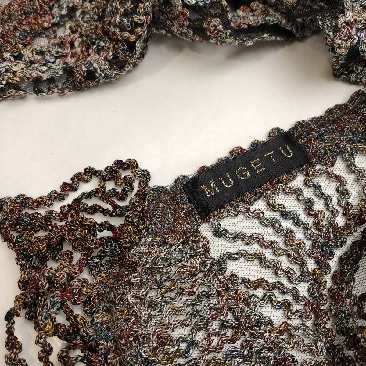 本場奄美大島 泥染絣 ショール 夢月 MUGETSU 175×60cm チュールレース フリンジ 特選 近代手刺繍 シルク100% 桐箱付き