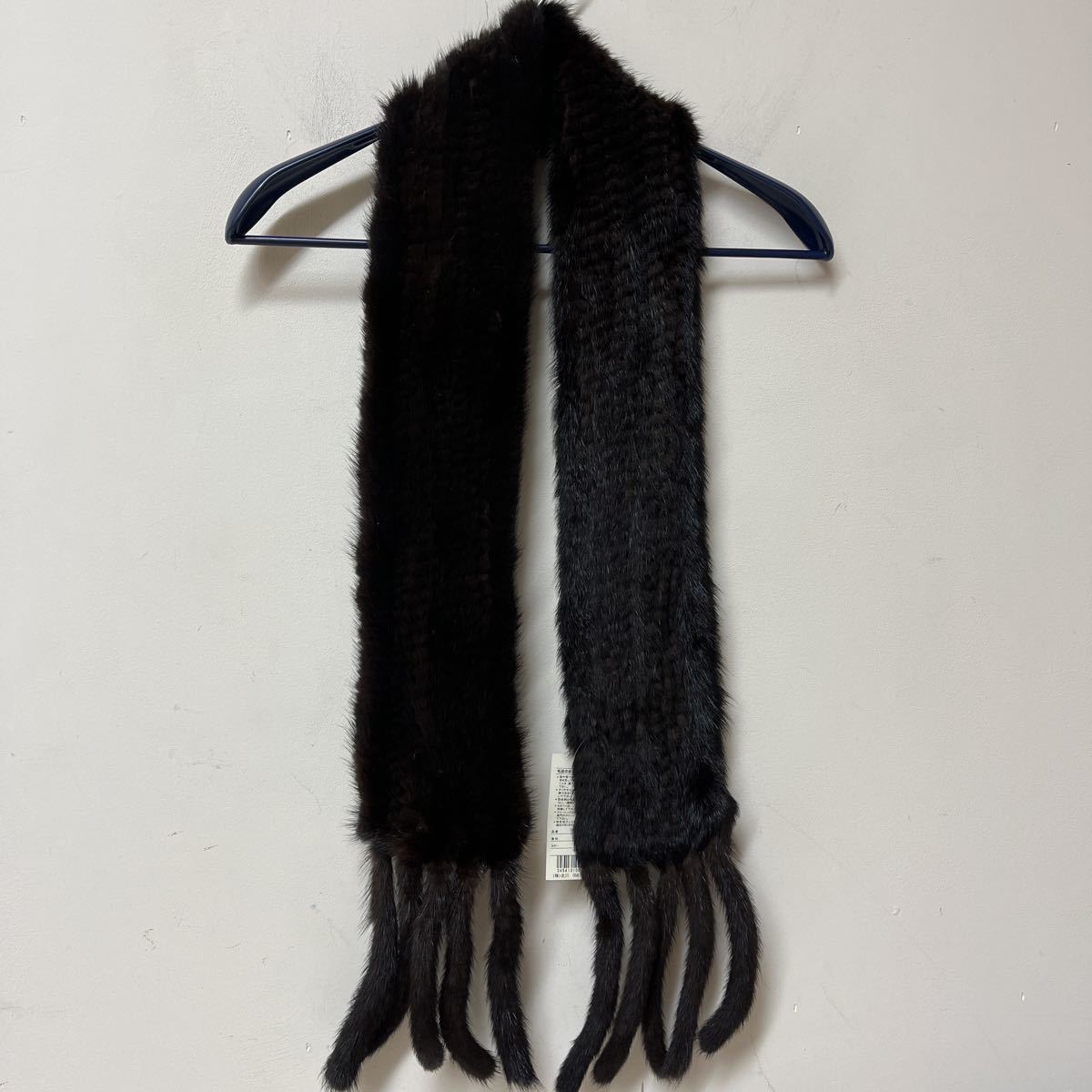 新品 タグ付き ミンク ストール 高級毛皮 ダークブラウン ファー 編み込み フリンジ ファーマフラー