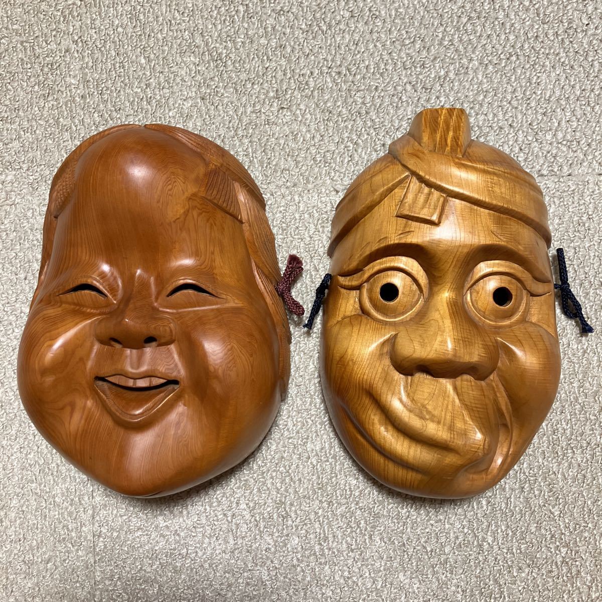 未使用 天然木 木彫り お面 おかめ ひょっとこ 飾り オブジェ 昭和 
