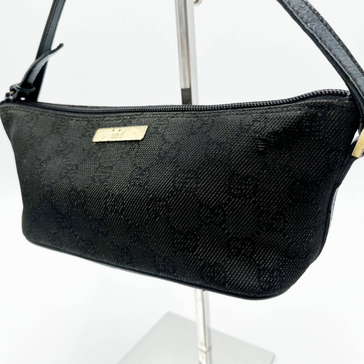 1円 【定番】グッチ GUCCI アクセサリーポーチ ハンドバッグ GGキャンバス デニム レザー 革 ブラック 黒　