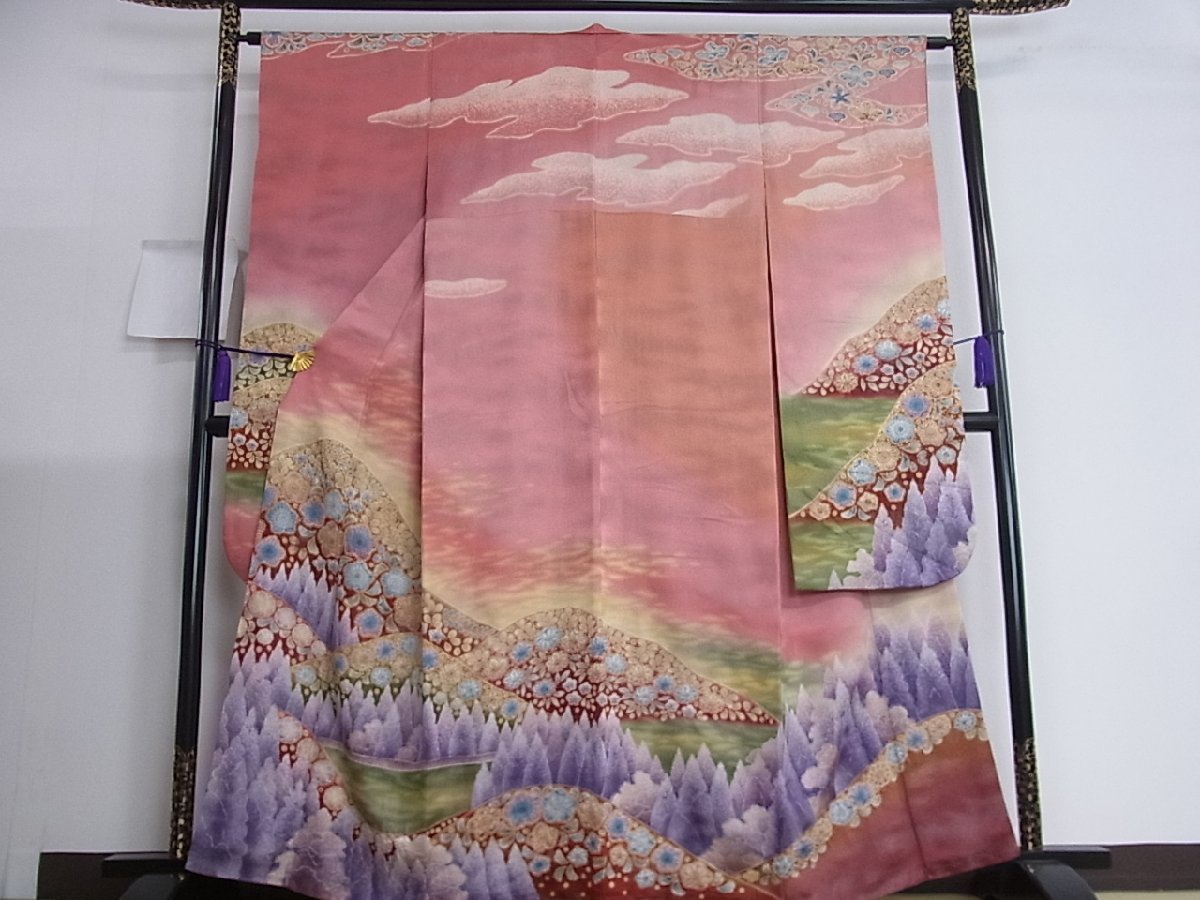 花美人着物■極上　振袖　辻が花　風景花文　銀通し地　逸品　ic1351